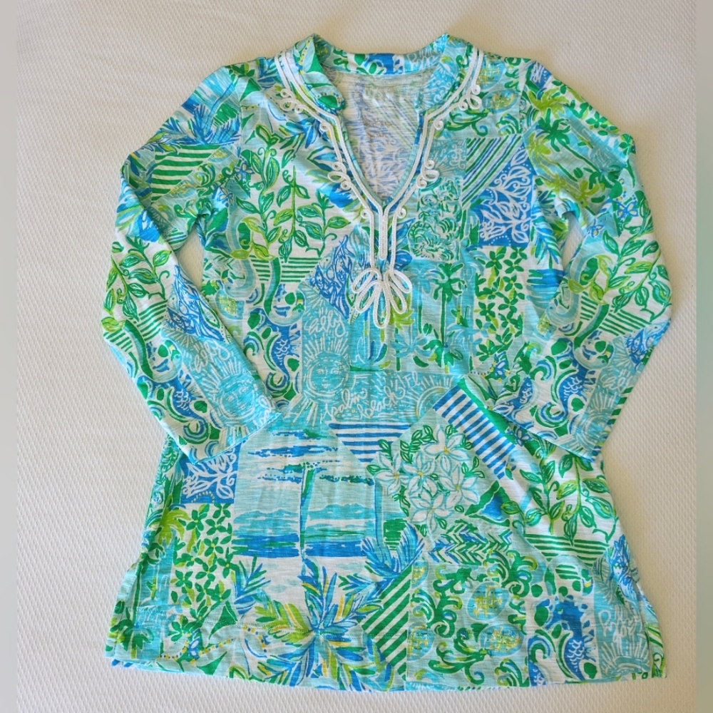 Lilly Pulitzer Kaia Knit Tunic Women’s 3/4 Sleeve V-Neck Pullover XS Blue Green